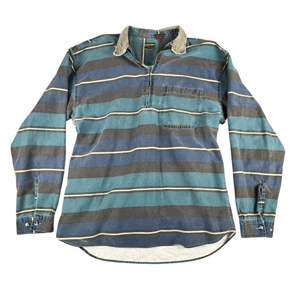 Vintage PB&Co Men's Rugby Polo‎ Shirt Size L Blue Teal Gray Striped 1/4 Zip